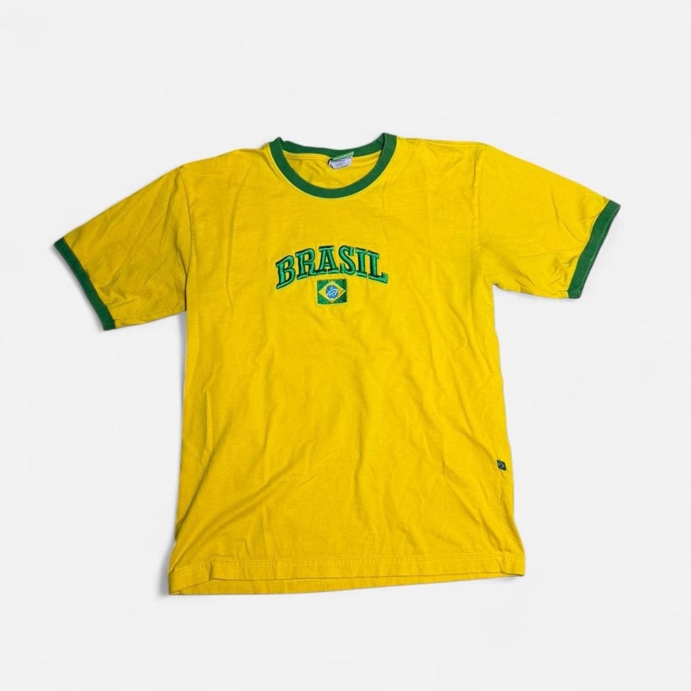 Vintage Brazil Soccer Tee Ringer Yellow Green Embroidered BRASIL Shirt FIFA Y2K
